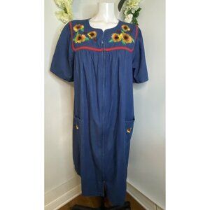 Go Softly Patio Denim House Dress Sunflowers Lady‎ Bugs Front Zip Pockets Size L